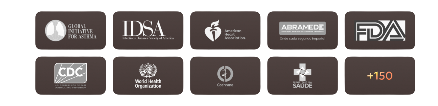 Protocolos: GINA, IDSA, AHA, ABRAMEDE, FDA, CDC, WHO, Cochrane, Ministério da Saúde e +150 fontes